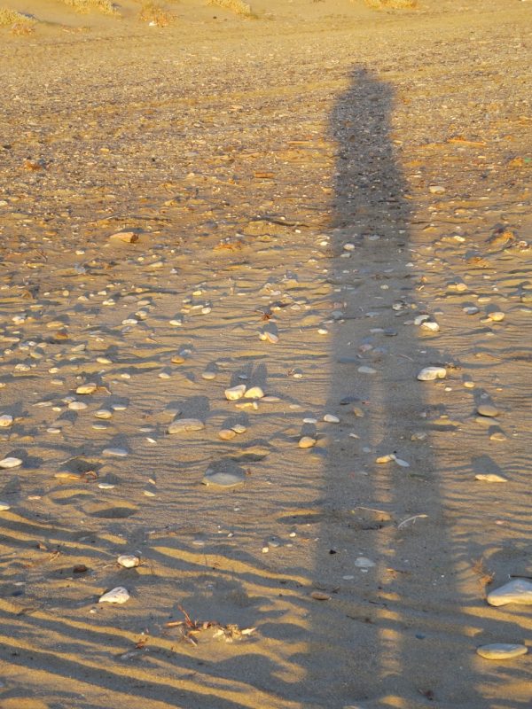 ein großer einzelner Schatten eines Menschen am Strand