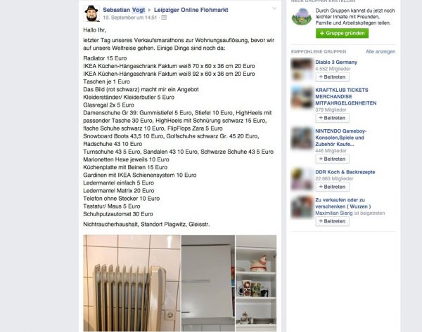 Screenshot einer Verkaufsanzeige in einer Facebook-Gruppe