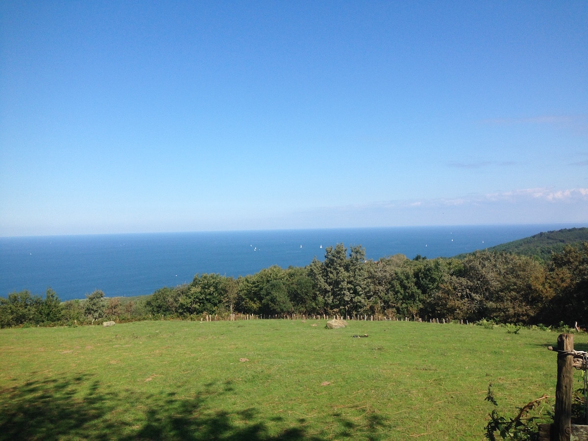 Der Blick aus den spanischen Bergen über eine Wiese auf's Meer.